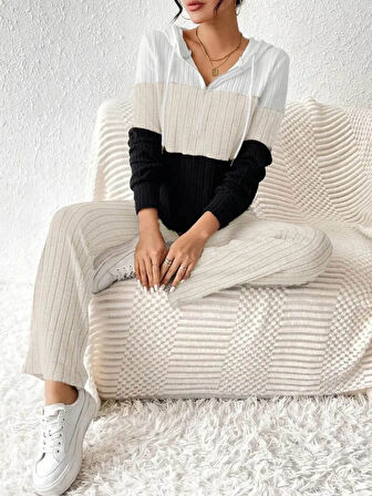 TUA MODA Kadın Uzun Kollu Kapşonlu Bağcıklı Blok Renkli şardonlu Kaşkorse Bluz Ve Pantolon Ikili Takım