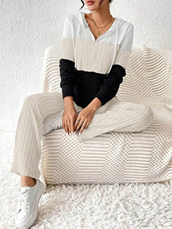 TUA MODA Kadın Uzun Kollu Kapşonlu Bağcıklı Blok Renkli şardonlu Kaşkorse Bluz Ve Pantolon Ikili Takım
