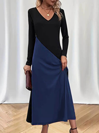 TUA MODA Kadın Uzun Kollu V Yakalı Blok Desenli Viskon Elbise