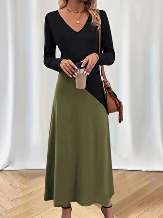 TUA MODA Kadın Uzun Kollu V Yakalı Blok Desenli Viskon Elbise