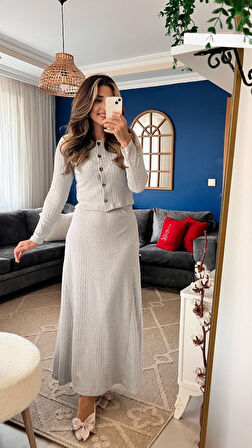 TUA MODA Kadın Uzun Kollu önden Düğmeli Bluz Ve Yüksek Bel A Kesim Uzun Etek şardonlu Kaşkorse Ikili Takım
