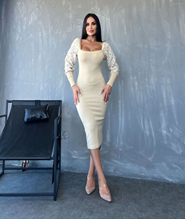 TUA MODA Kadın Kare Yaka Kolları Manşet Ve Tül Detay Fırsat ürün Midi Boy Elbise