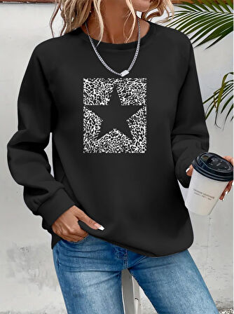 TUA MODA Kadın Uzun Kollu Bisiklet Yaka Desenli Viskon Iki Iplik Bluz