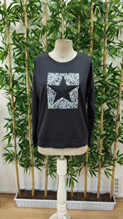 TUA MODA Kadın Uzun Kollu Bisiklet Yaka Desenli Viskon Iki Iplik Bluz