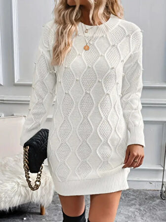 TUA MODA Kadın Uzun Kollu Bisiklet Yaka Desenli Triko Elbise