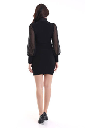 TUA MODA Kadın Balıkçı Yaka Transparan Detay Fırsat ürün Sandy Kumaş Mini Elbise