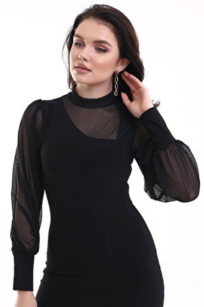 TUA MODA Kadın Balıkçı Yaka Transparan Detay Fırsat ürün Sandy Kumaş Mini Elbise