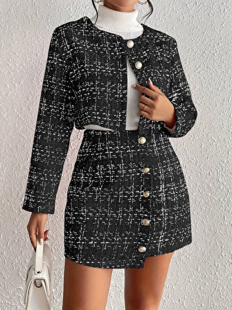 TUA MODA Kadın Uzun Kollu önü Düğmeli şanel Ceket Ve Etek Takım