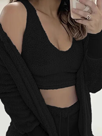 TUA MODA Kadın Uzun Kollu Ceket, Askılı Peluş Bluz Ve şort üçlü Takım