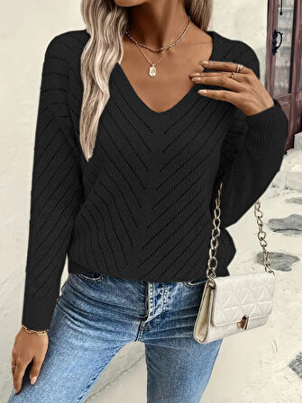 TUA MODA Kadın Uzun Kollu V Yakalı Triko Bluz