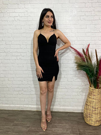 TUA MODA Kadın Derin V Yaka Sırt Dekolteli Fırsat Ürün Mini Elbise