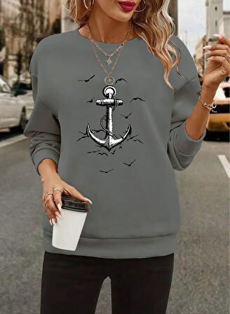 TUA MODA Kadın Uzun Kollu Bisiklet Yaka Desenli Viskon Iki Iplik Bluz