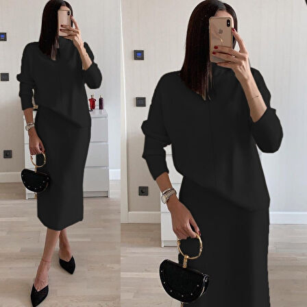 TUA MODA Kadın Uzun Kollu Boğazlı Kazak Ve Yanı Yırtmaçlı Etek Akrilik Ikili Takım