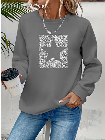 TUA MODA Kadın Uzun Kollu Bisiklet Yaka Desenli Viskon Iki Iplik Bluz