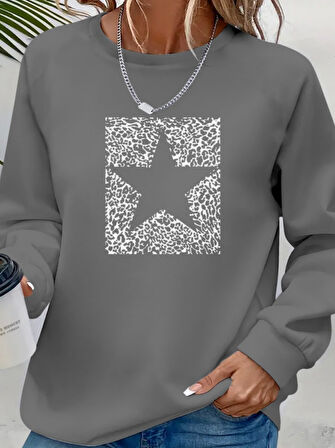 TUA MODA Kadın Uzun Kollu Bisiklet Yaka Desenli Viskon Iki Iplik Bluz