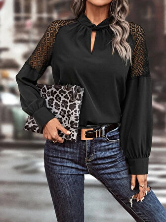 TUA MODA Kadın Uzun Kollu Anahtar Deliği Yaka Reglan Kol Dantel Detaylı Ithal Krep Bluz