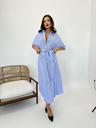 TUA MODA 5318 ELBİSE-MAVİ BEYAZ ÇİZGİLİ