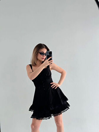 TUA MODA Mini Askılı Elbise - Siyah