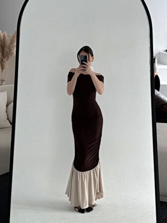 TUA MODA Striptiz Omuzlu Uzun Elbise- Kahve