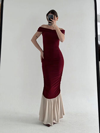 TUA MODA Striptiz Omuzlu Uzun Elbise- Bordo