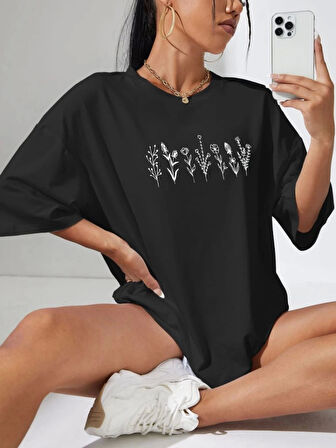 TUA MODA Baskılı Oversize T-shirt - Siyah