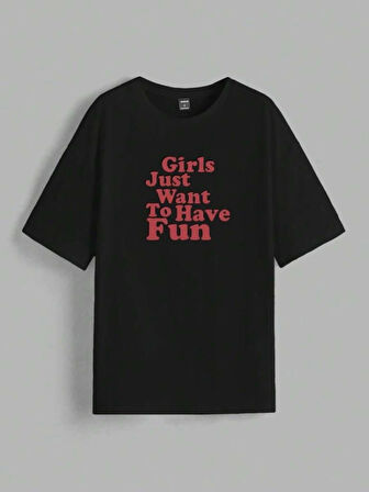 TUA MODA Baskılı Oversize T-shirt - Siyah