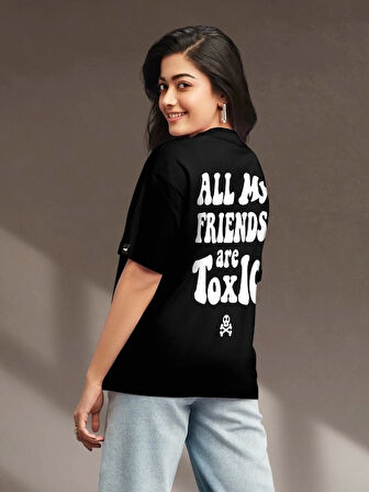 TUA MODA Baskılı Oversize T-shirt - Siyah
