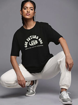TUA MODA Baskılı Oversize T-shirt - Siyah
