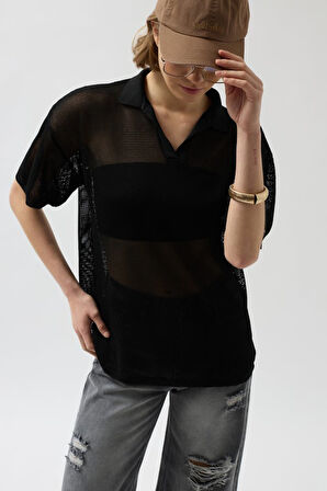 TUA MODA Polo Yaka Transparan  T-Shirt