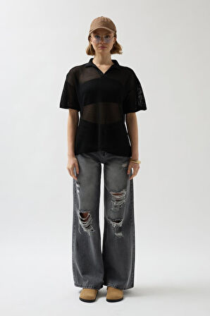 TUA MODA Polo Yaka Transparan  T-Shirt