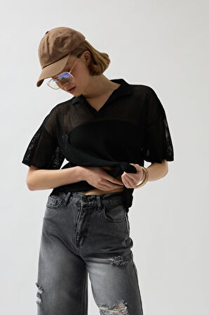 TUA MODA Polo Yaka Transparan  T-Shirt