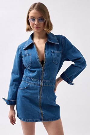TUA MODA Cep Detaylı Fermuarlı Denim Elbise