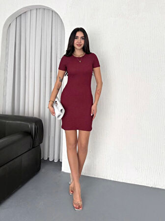 TUA MODA Bisiklet Yaka Kısa Kol Likralı Elbise - Bordo