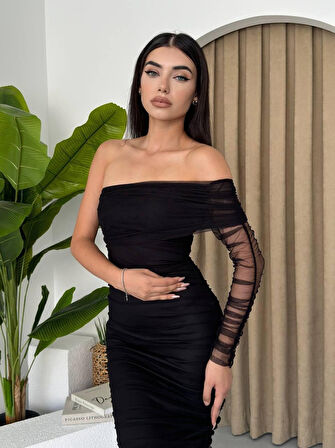 TUA MODA Polack Tek Omuz Tül Elbise