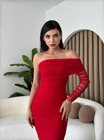 TUA MODA Polack Tek Omuz Tül Elbise
