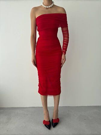 TUA MODA Polack Tek Omuz Tül Elbise