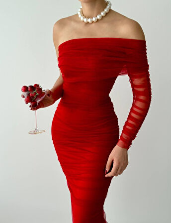 TUA MODA Polack Tek Omuz Tül Elbise