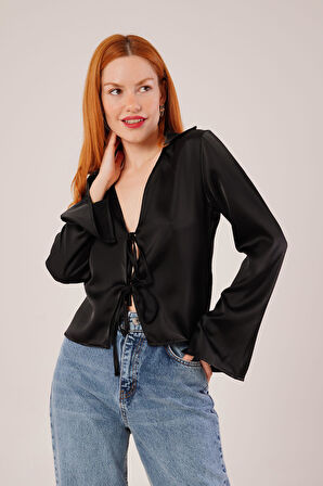 TUA MODA Önden Bağlama Detaylı Saten Siyah Bluz