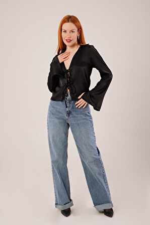 TUA MODA Önden Bağlama Detaylı Saten Siyah Bluz