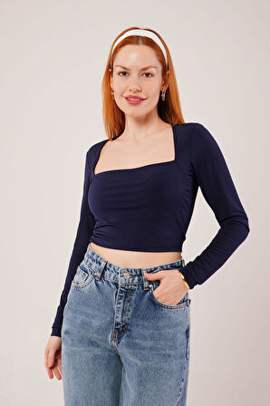 TUA MODA Kare Yaka Basic Lacivert Bluz