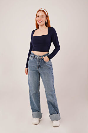 TUA MODA Kare Yaka Basic Lacivert Bluz