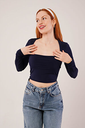 TUA MODA Kare Yaka Basic Lacivert Bluz