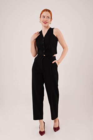 TUA MODA Kapama Cep Detaylı Siyah Pantolon