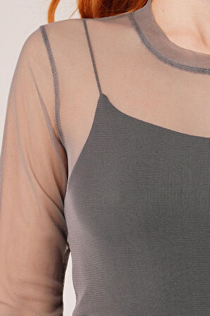 TUA MODA Transparan Gri Tül Basic Bluz