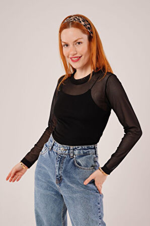 TUA MODA Transparan Siyah Tül Basic Bluz