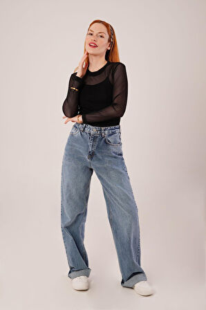 TUA MODA Transparan Siyah Tül Basic Bluz