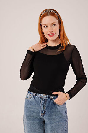 TUA MODA Transparan Siyah Tül Basic Bluz