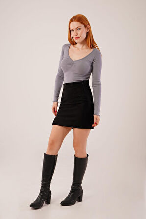 TUA MODA Geniş Yaka Gri Basic Body Bluz