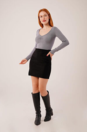 TUA MODA Geniş Yaka Gri Basic Body Bluz