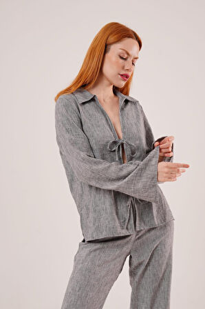 TUA MODA Ön Bağlama Detaylı Pantolon Ve Gömlek Antrasit İkili Takım